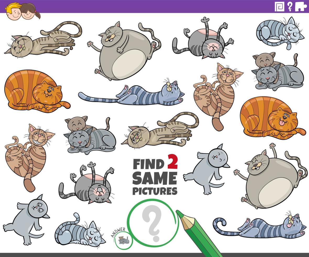 hitta två samma tecknade katter djurkaraktärer pedagogiskt spel vektor