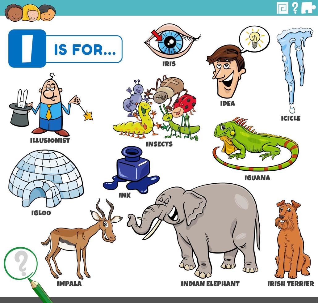 bokstaven i ord pedagogisk set med seriefigurer vektor