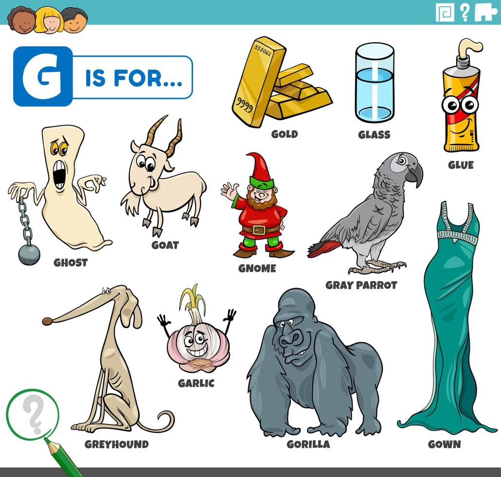 bokstaven g ord pedagogisk set med seriefigurer vektor
