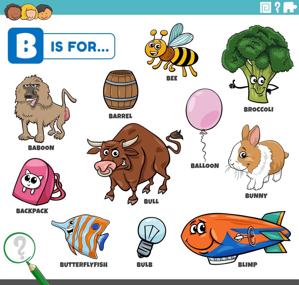 bokstaven b ord pedagogisk set med seriefigurer vektor