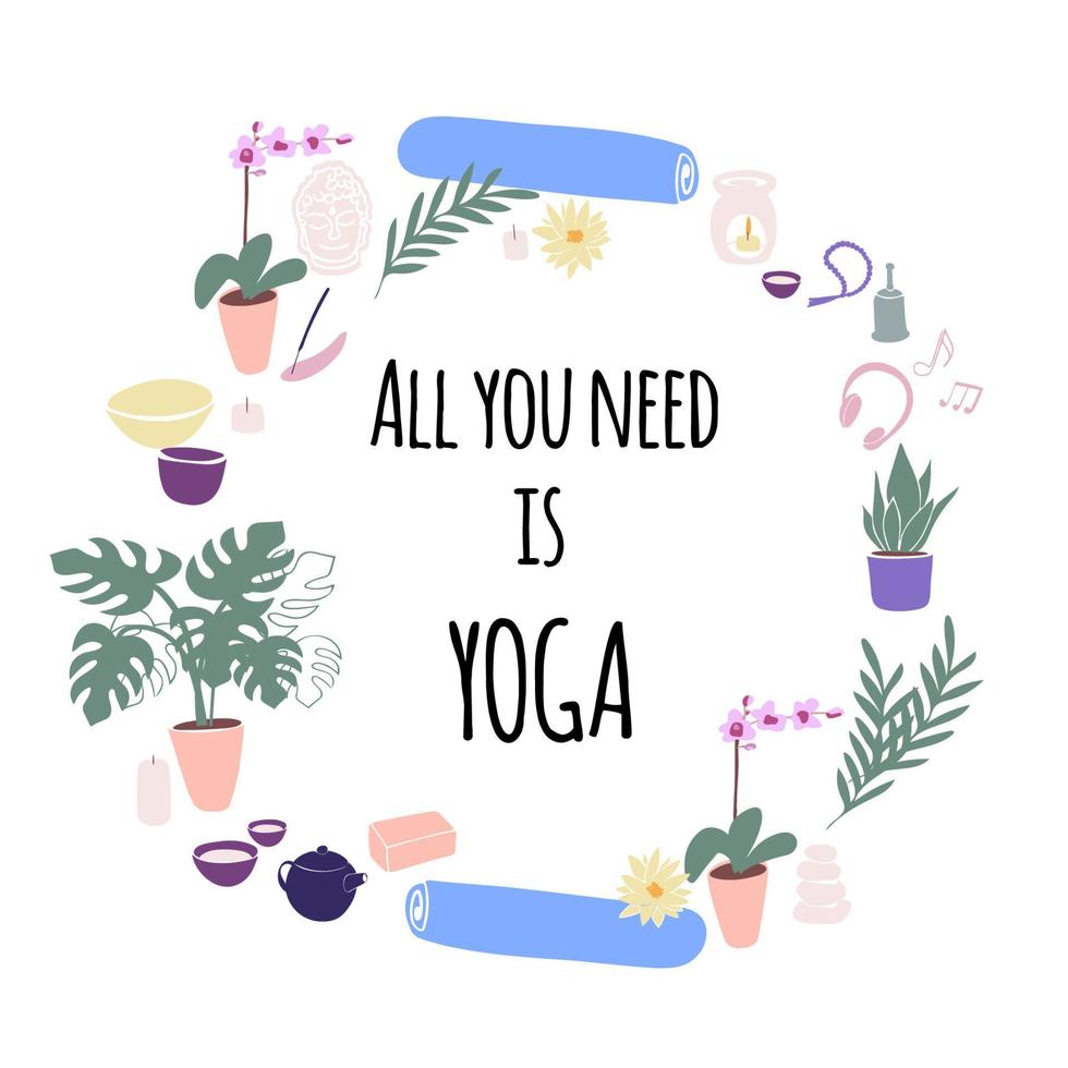 illustrationskranz yoga mit kerzen, yogamatte, aromalampe, orchidee, lotus, rosenkranz, buddha, teekanne und tassen im cartoon-stil vektor