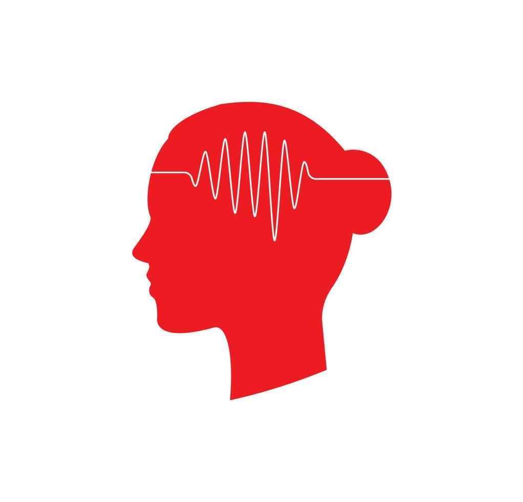 personhuvud siluett med pulslinjesymbol, neural impuls abstrakt tecken, musikmediabiblioteksikon, hjärnhälsa, examen paniksignal, adrenalinlogotyp. vektor illustration.