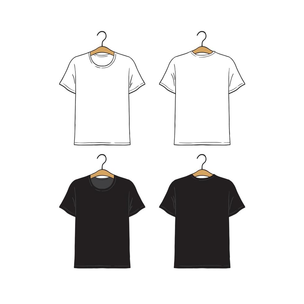 satz der leeren hängenden t-shirt-designschablone hand gezeichnete vektorillustration. Vorder- und Rückseite. weißes und schwarzes männliches Hemd auf weißem Hintergrund. vektor