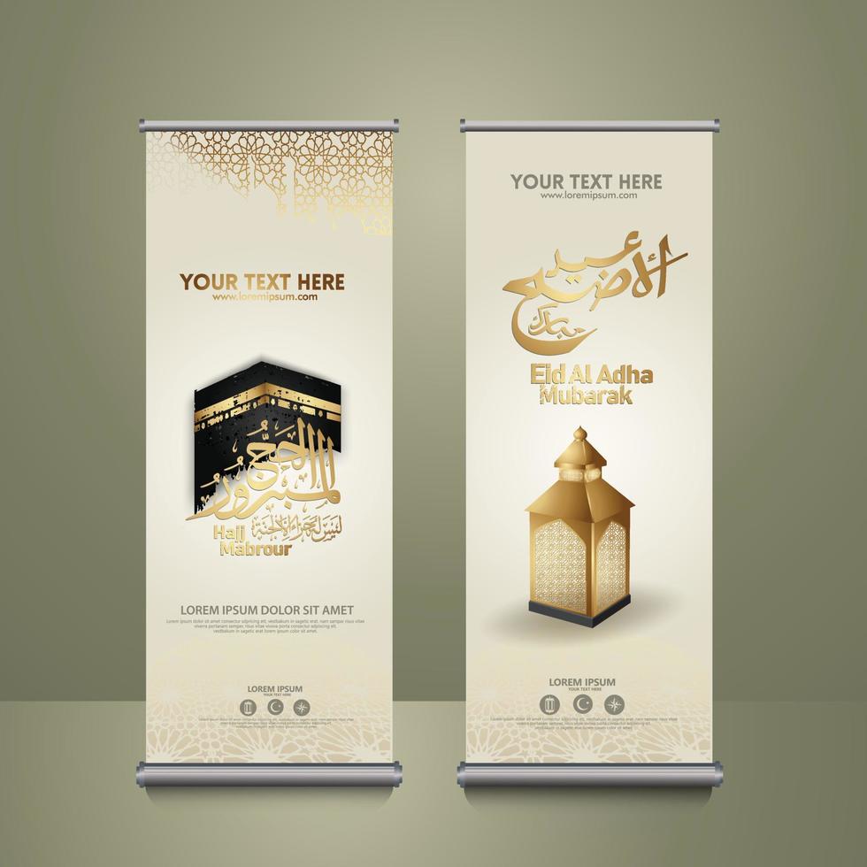 ställa upp rulla upp banner, eid al adha mubarak kalligrafi islamisk med gyllene lyxig halvmåne, kaaba, lykta och moské mönster textur islamisk bakgrund. vektor