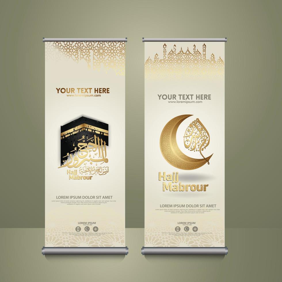 set roll up banner, eid al adha mubarak kalligrafie islamisch mit goldenem luxuriösem halbmond, kaaba, laterne und moschee muster textur islamischen hintergrund. vektor