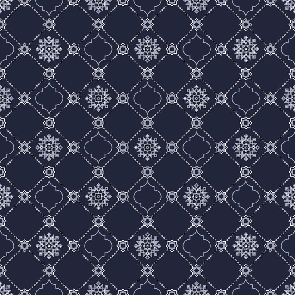 islamisk geometrisk stjärna och quatrefoil form rutnät sömlösa mönster blå grå färg bakgrund. batik sarong mönster. använd för tyg, textil, omslag, inredningselement, omslag. vektor