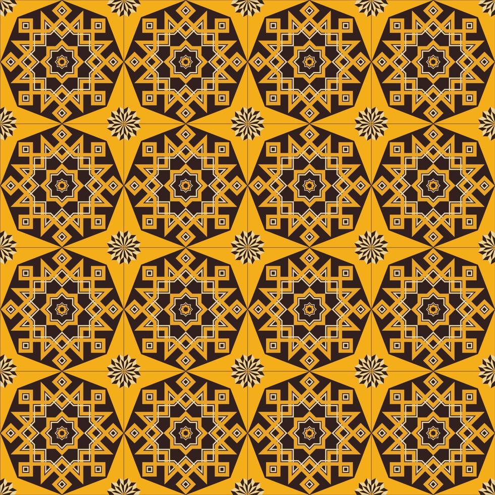 islamischer geometrischer stern und blumenform nahtloses muster brauner gelbgoldfarbener hintergrund. Batik-Sarong-Muster. Verwendung für Stoffe, Textilien, Innendekorationselemente, Verpackungen. vektor