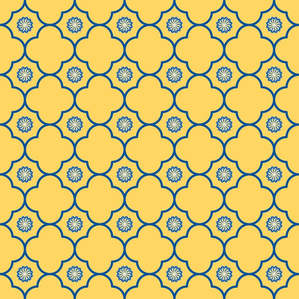 geometrisk form och liten stjärna blomma rutnät sömlösa mönster gul blå färg bakgrund. enkelt sino-portugisiska eller peranakanmönster. använd för tyg, textil, inredningselement. vektor