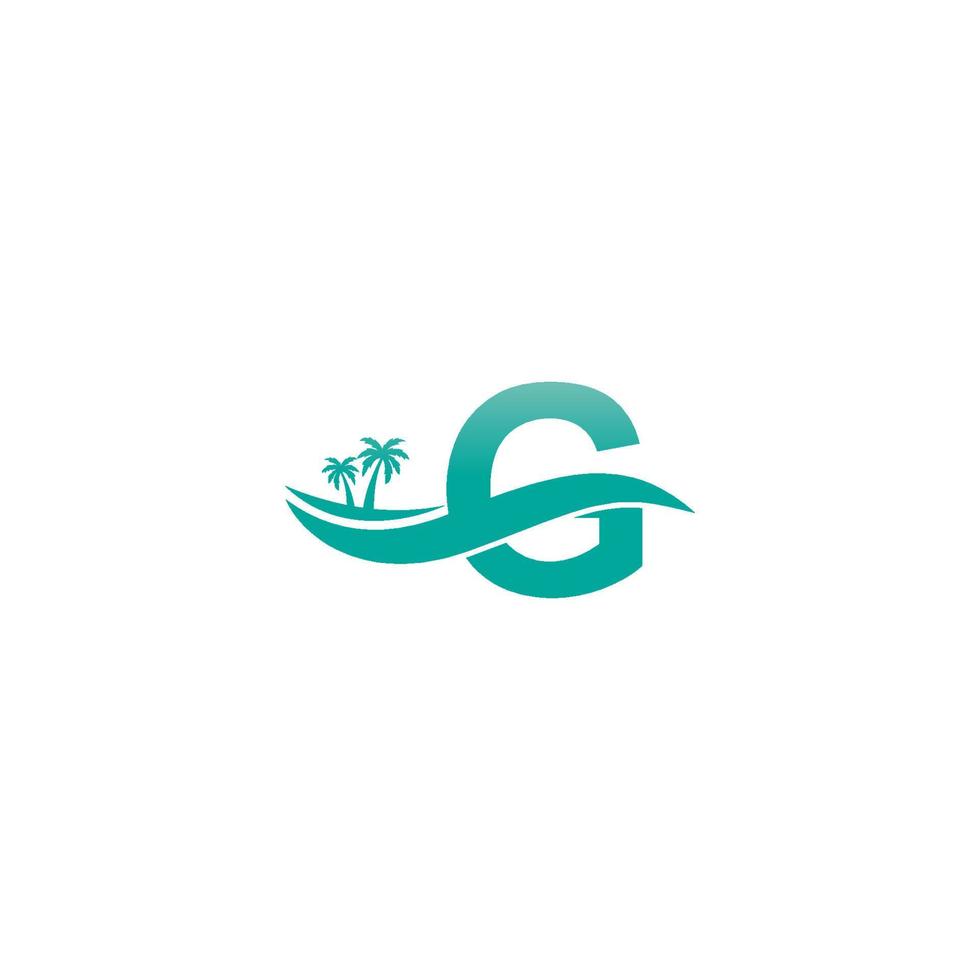 bokstaven g logotyp kokospalmer och vatten våg ikon design vektor