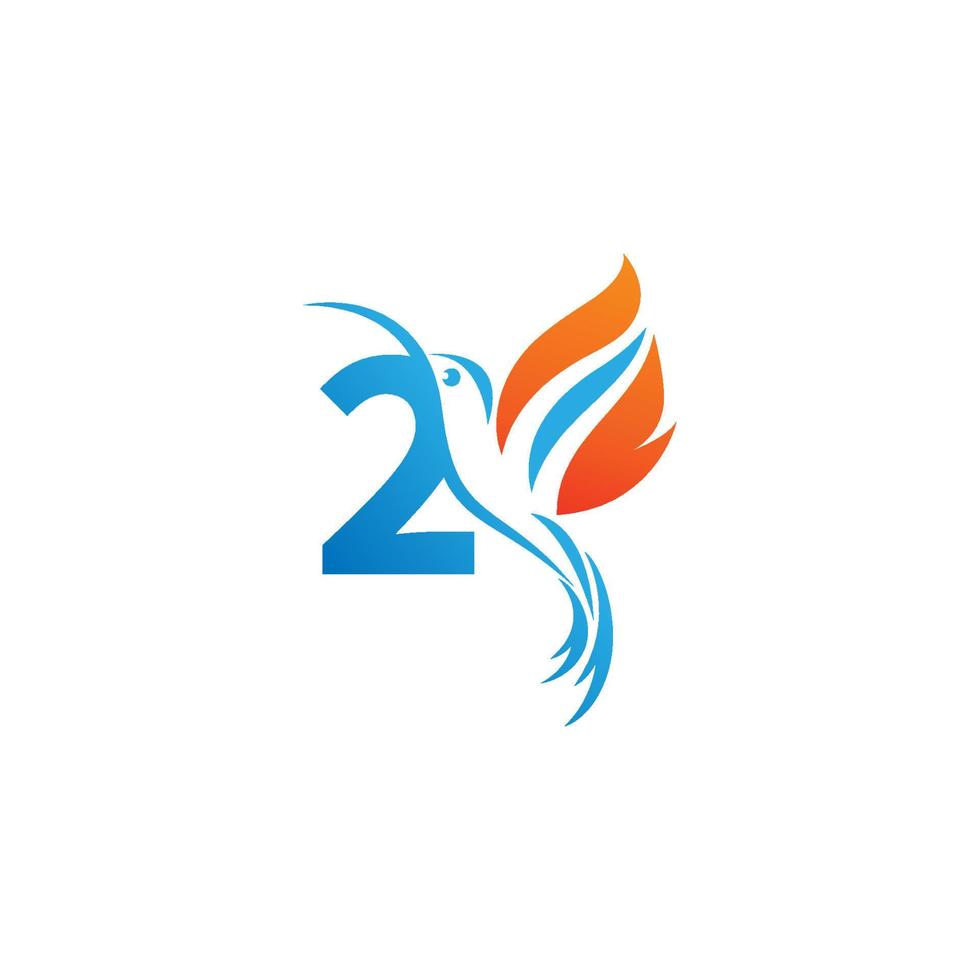 Nummer 2 kombiniert mit dem Feuerflügel-Kolibri-Symbol-Logo vektor
