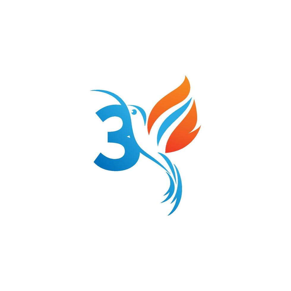 Nummer 3 kombiniert mit dem Feuerflügel-Kolibri-Symbol-Logo vektor