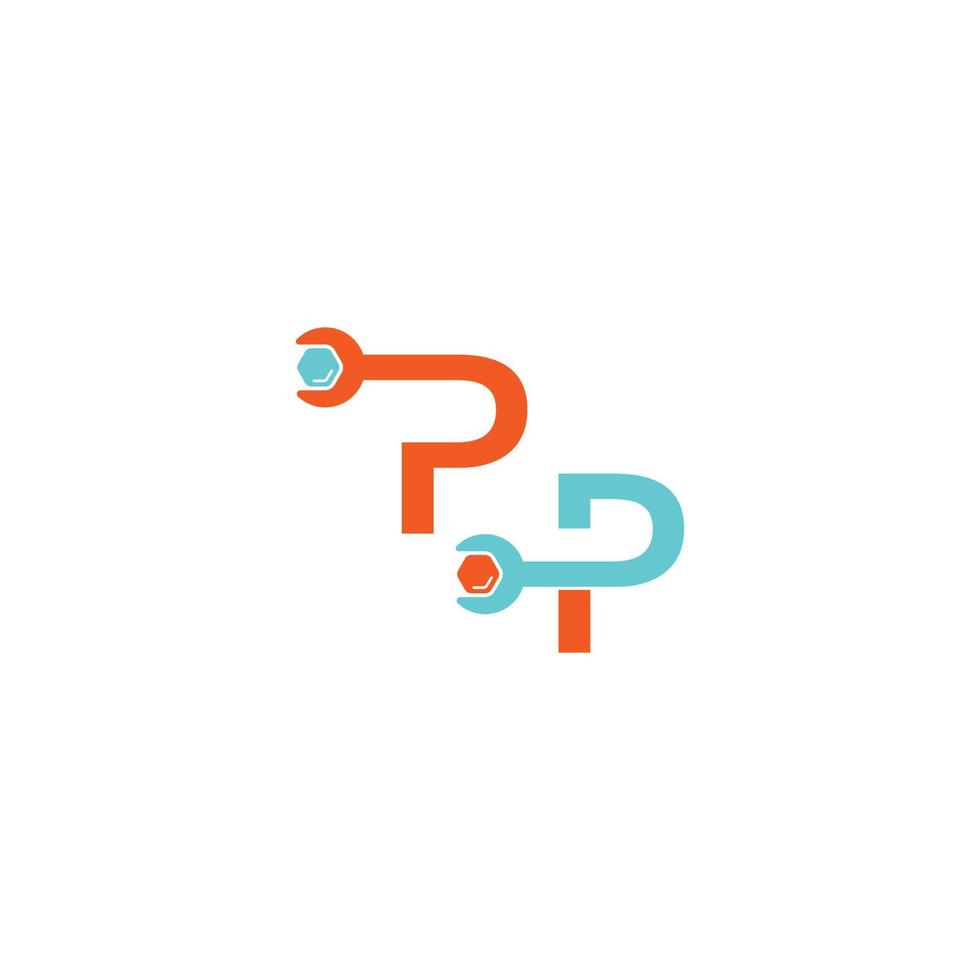 bokstaven p-logotypikon som bildar en skiftnyckel och bultdesign vektor
