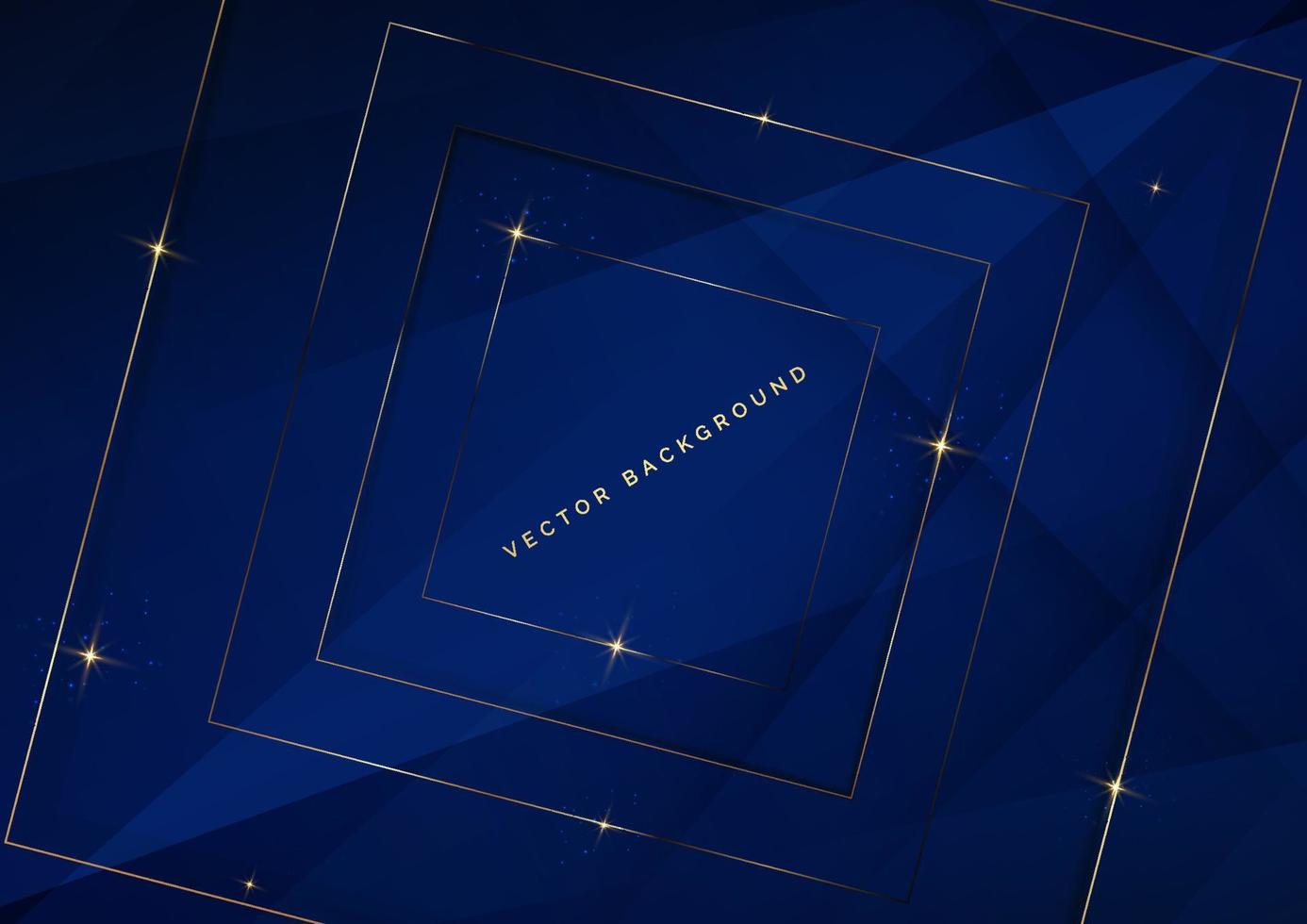 3D-dunkelblauer Luxushintergrund mit leuchtenden goldenen quadratischen Grenzlinien mit Scheinen mit Kopienraum für Text. vektor