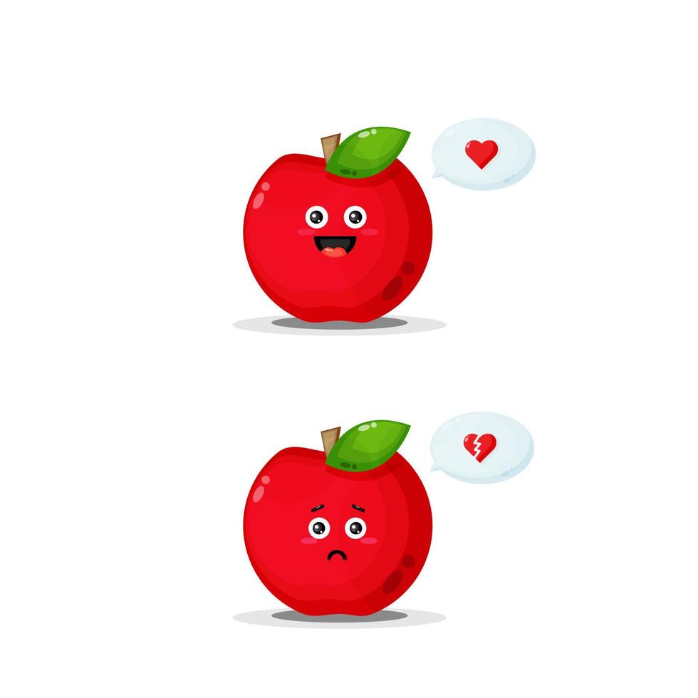 söt rött äpplekaraktär med glada och ledsna uttryck vektor