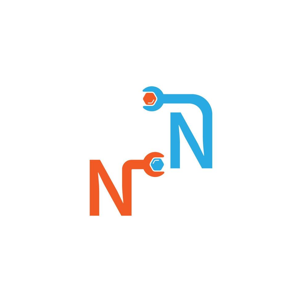 Buchstabe n-Logo-Symbol, das ein Schraubenschlüssel- und Bolzendesign bildet vektor