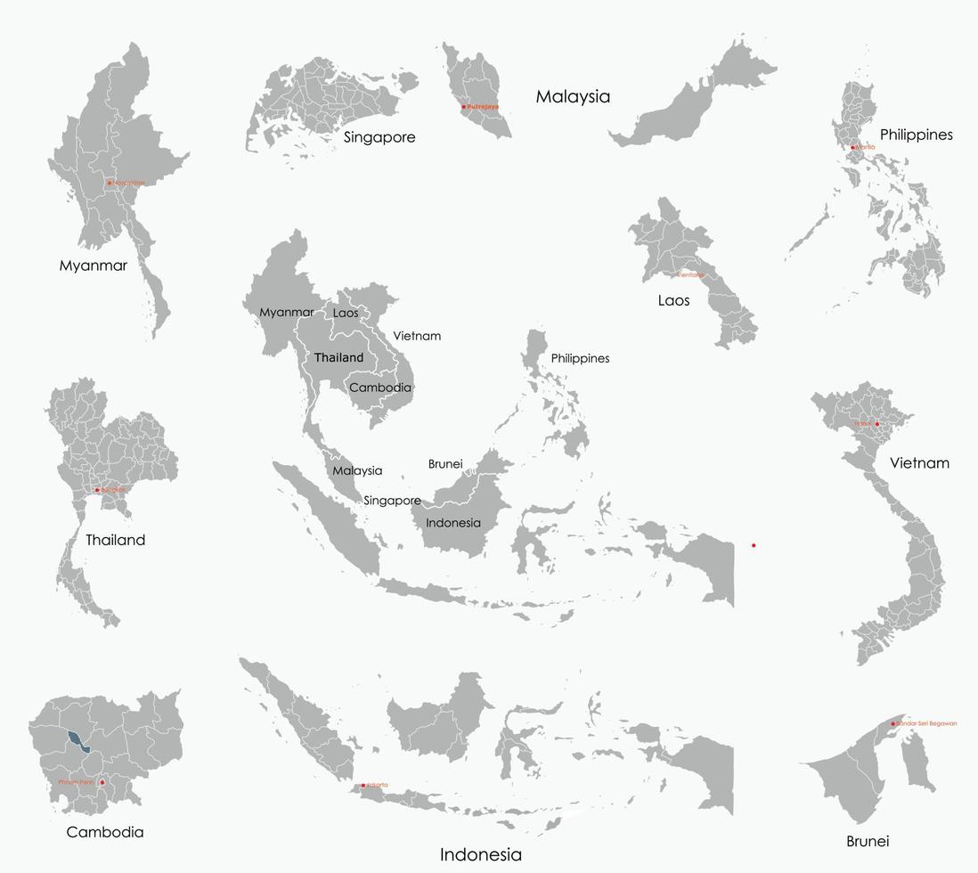 doodle frihandsritning karta över länder i Sydostasien. vektor