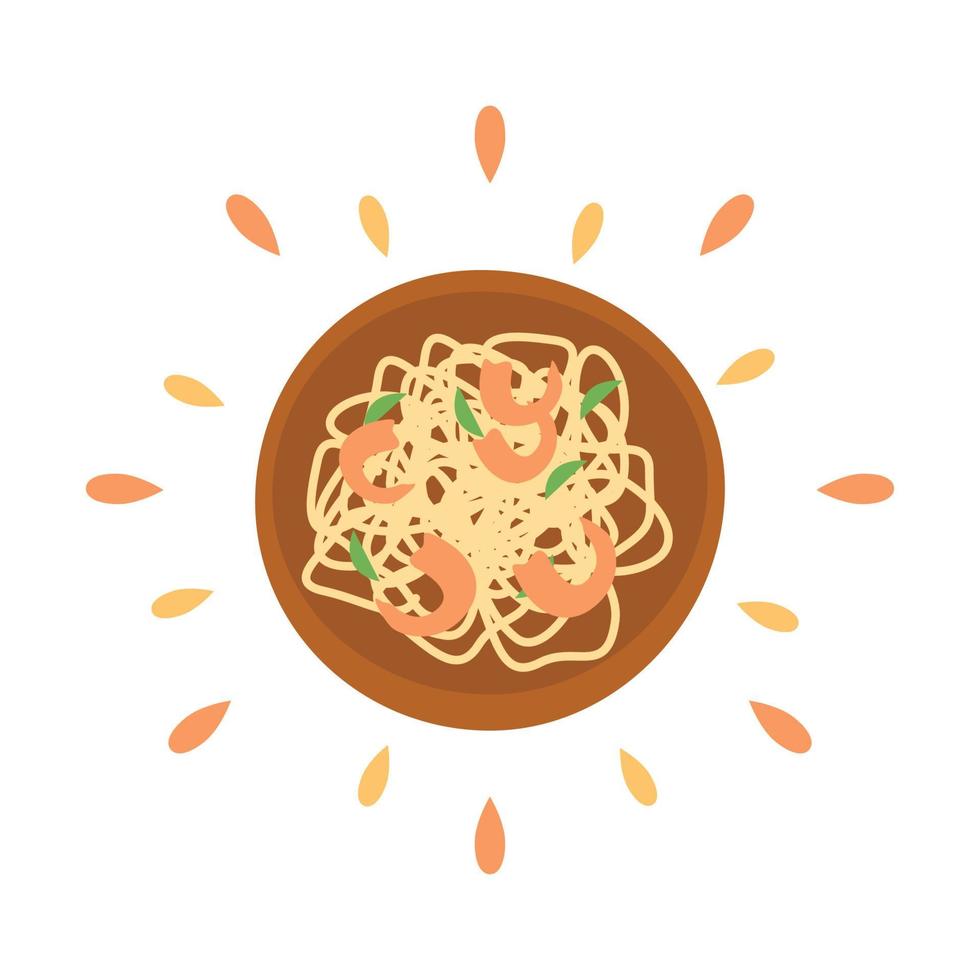 abstrakt ikon saftig spagetti med räkor med stänk isolerad på vit bakgrund - vektor