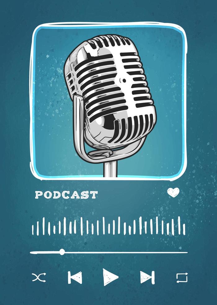 podcast skärmspelare med en stor mikrofon handritad illustration vektor