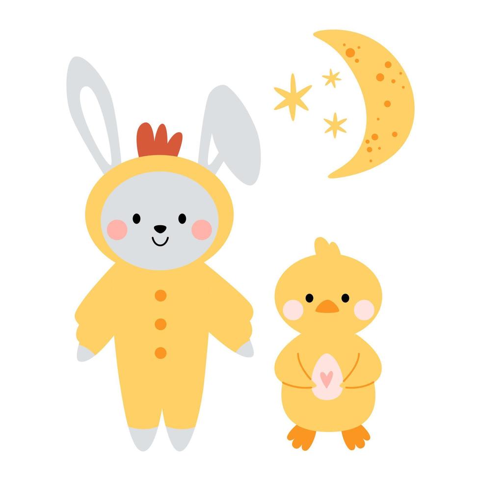 kawaii söt kanin, kanin en kyckling kostym och kyckling, ankunge med måne och stjärnor. glad påsk. charmig clipart för vykort, utskrifter, banderoller, mallar, sociala medier, webb. vektor
