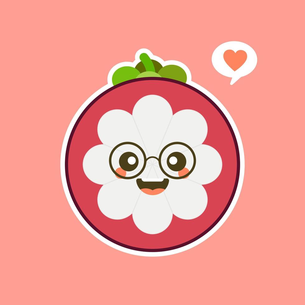 söt och kawaii platt tecknad mangostan illustration. vektor illustration av söt mangostan med ett leende uttryck. söt frukt maskot design