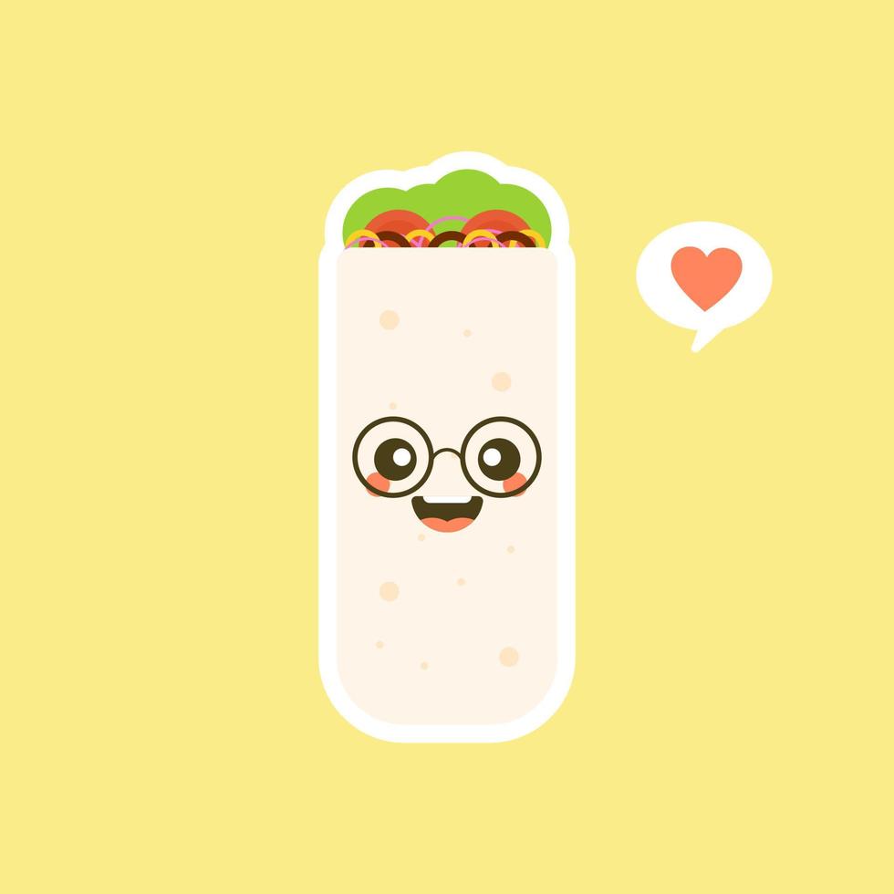 söt och kawaii rolig leende glad burrito. mexikansk mat platt design vektorillustration. traditionell mexikansk måltid, snabbmat. ljusa och positiva clipart, komposition. vektor