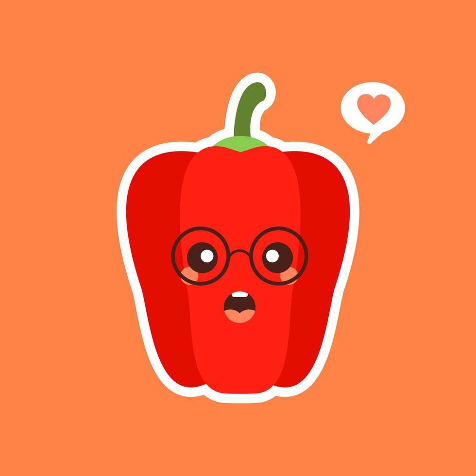 söt och kawaii röd paprika. hälsosam mat koncept. peppar med emoji-emoji. seriefigurer för barn målarbok, målarbok, t-shirttryck, ikon, logotyp, etikett, lapp, klistermärke, vegan vektor
