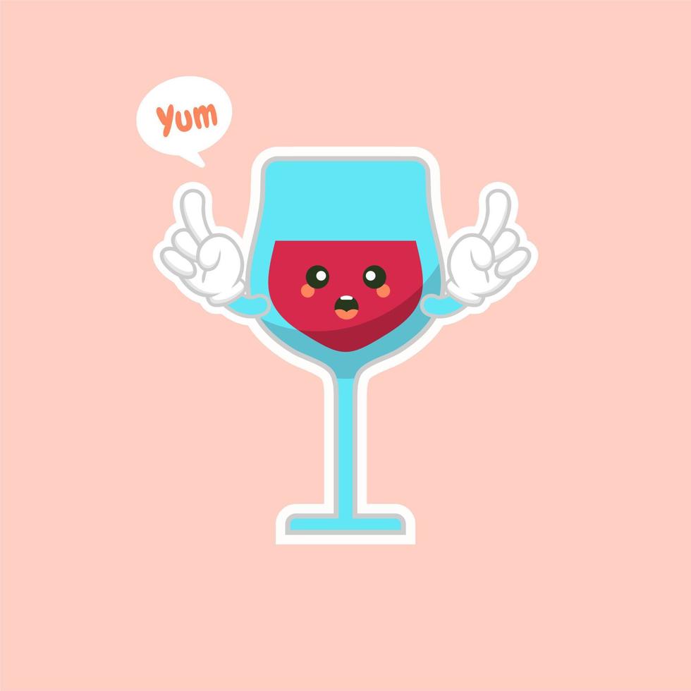 söt och kawaii glas rött vin, seriefigur design. alkohol maskot. genomskinligt glas. platt vektorillustration isolerad på färgbakgrund vektor