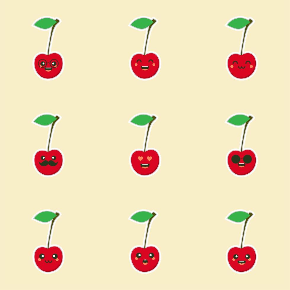 söta och kawaii körsbär tecken. frukt design med körsbär vektor tecken. söt körsbär karaktär, körsbär tecknad vektorillustration. söt frukt vektor karaktär isolerad på färgbakgrund.