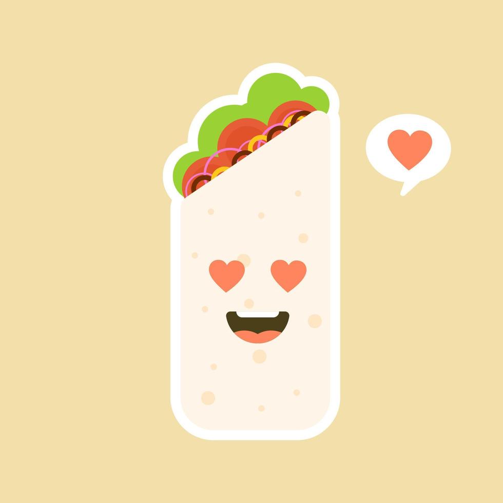 söt och kawaii rolig leende glad burrito. mexikansk mat platt design vektorillustration. traditionell mexikansk måltid, snabbmat. ljusa och positiva clipart, komposition. vektor