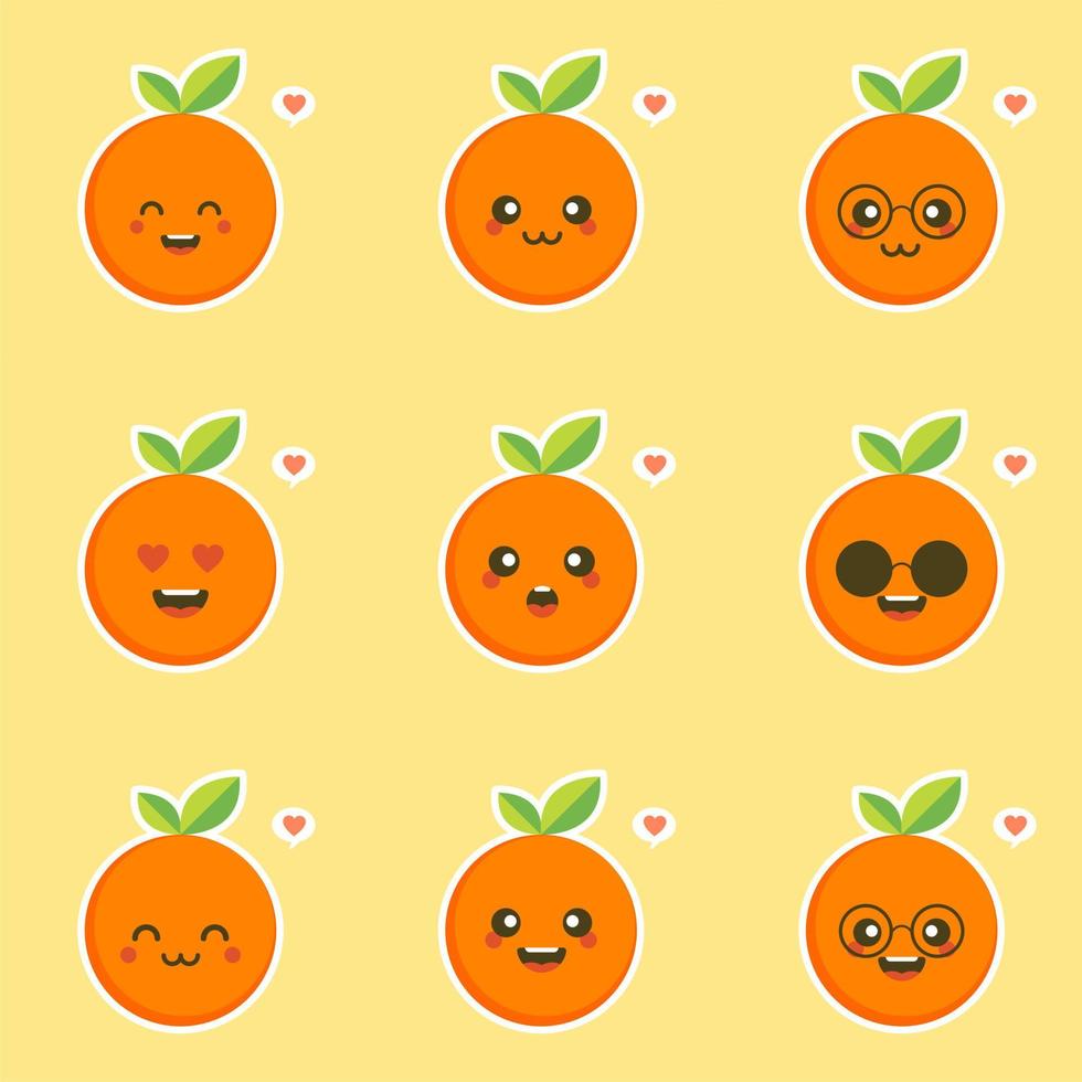 söt och kawaii seriefigur orange. hälsosam glad organisk frukt karaktär illustration. citrusfrukter som innehåller mycket c-vitamin. sur, hjälper till att känna sig fräsch. vektor