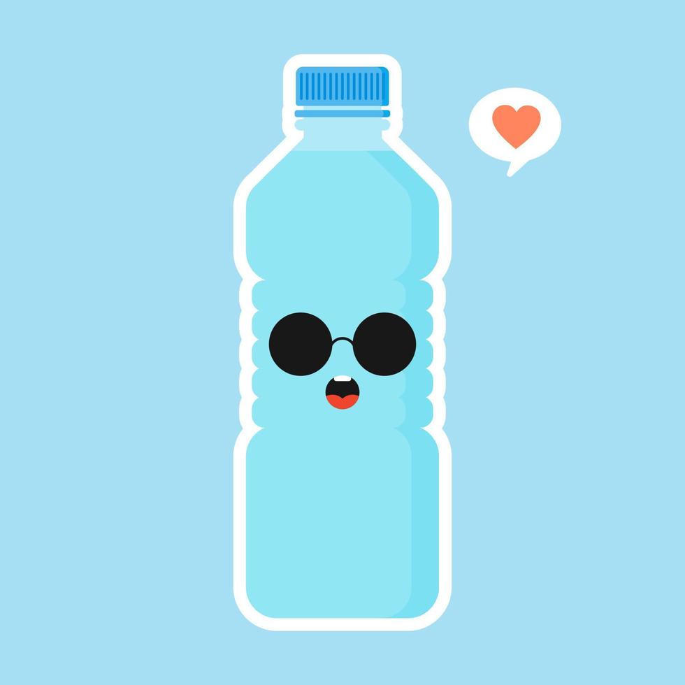 niedlicher und kawaii karikaturmineralwassercharakter. lustige Wasserflasche. Konzept für gesunde Ernährung und Mineralwasser trinken. flache Designvektorillustration, einfaches Emoji und Emoticondesign vektor