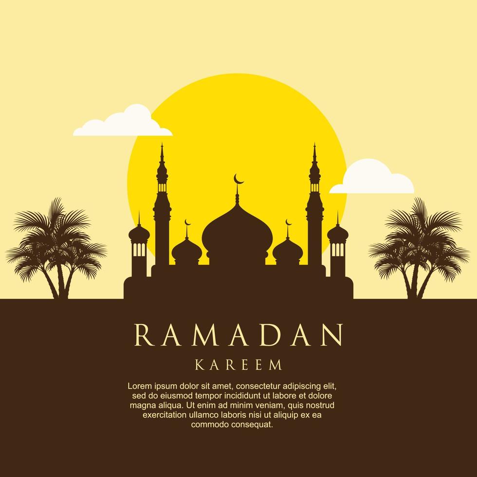 ramadan kareem quadratischer hintergrund. flache Designvektorillustration mit Moschee und Sonne, Platz für Textgrußkarte und -fahne. ramadan mubarak feier grußdesign vektor