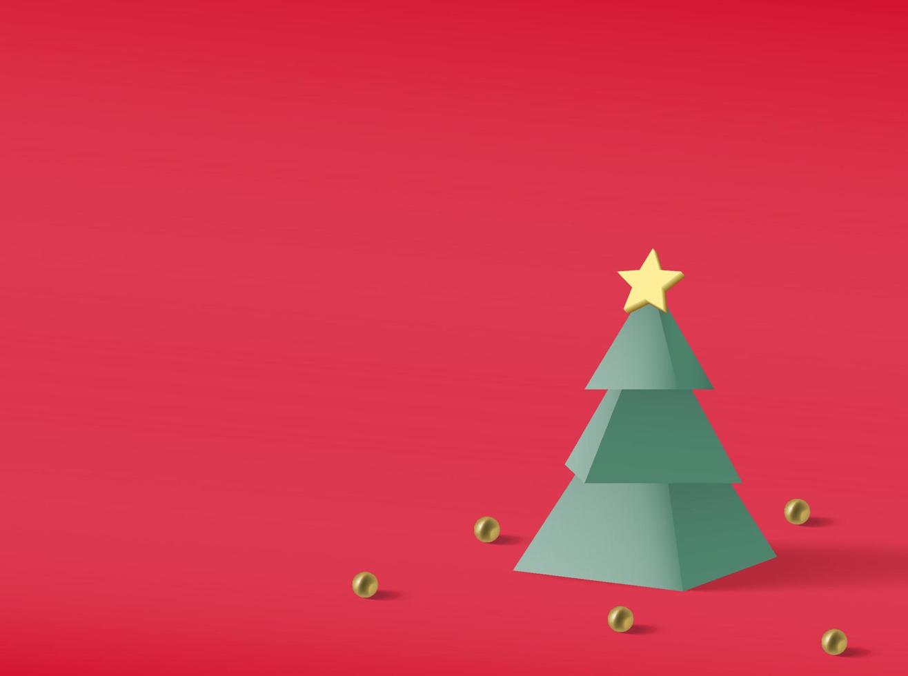 jul sammansättning banner. xmas design bakgrund med realistiska träd, stjärna och glitter guld boll dekoration. 3D horisontell affisch med kopia utrymme. festligt gratulationskort. vektor illustration