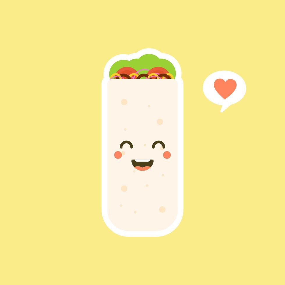 söt och kawaii rolig leende glad burrito. mexikansk mat platt design vektorillustration. traditionell mexikansk måltid, snabbmat. ljusa och positiva clipart, komposition. vektor