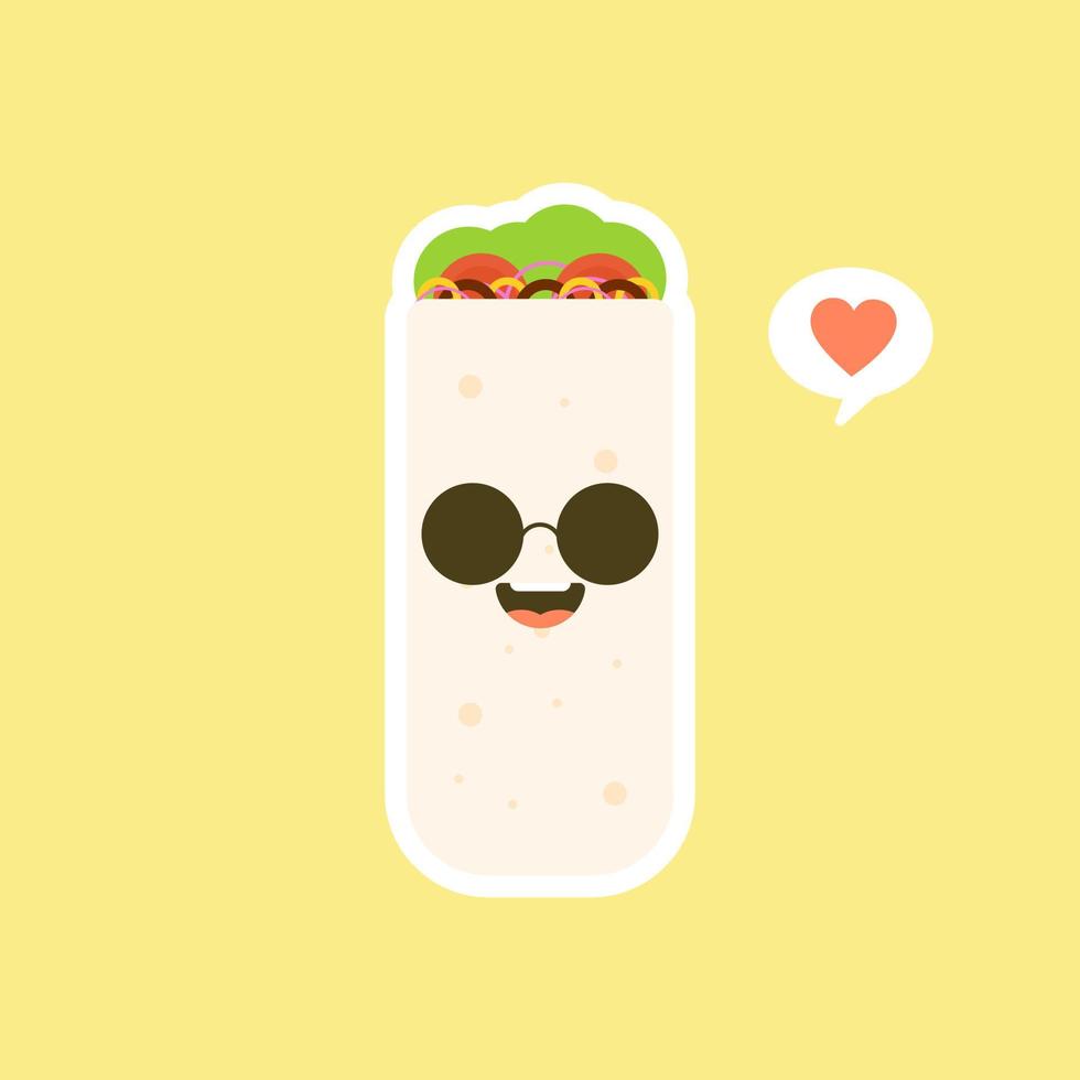 süß und kawaii lustig lächelnd glücklich burrito. Design-Vektorillustration des mexikanischen Lebensmittels flache. traditionelle mexikanische mahlzeit, fast food. helle und positive Cliparts, Komposition. vektor