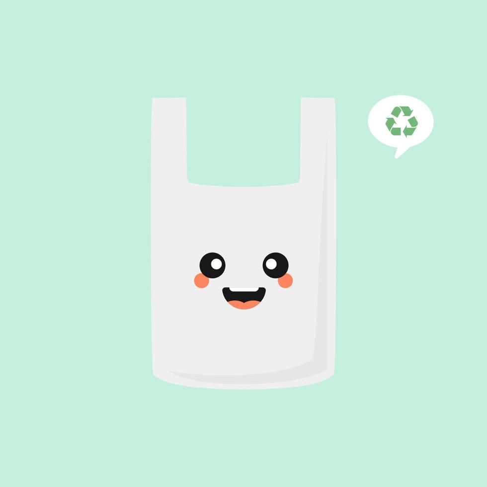 Plastiktüte Zeichentrickfigur Vektoraufkleber. ökologischer Aufkleber mit Plastikverpackung. Verbotener Plastikmüll. ordnungsgemäße Verwertung nicht biologisch abbaubarer Abfälle. Umweltsymbol. nachhaltige Entwicklung vektor