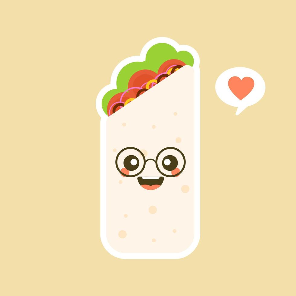 söt och kawaii rolig leende glad burrito. mexikansk mat platt design vektorillustration. traditionell mexikansk måltid, snabbmat. ljusa och positiva clipart, komposition. vektor