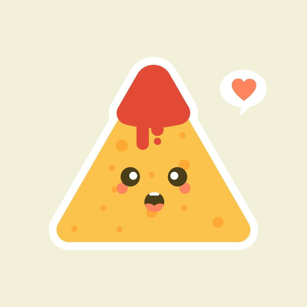 roliga karaktärer nachos med tomatsalsasås. trevlig mexikansk mat. vektor illustration