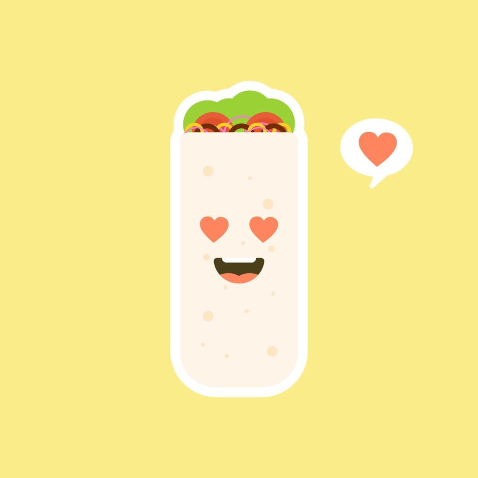 söt och kawaii rolig leende glad burrito. mexikansk mat platt design vektorillustration. traditionell mexikansk måltid, snabbmat. ljusa och positiva clipart, komposition. vektor