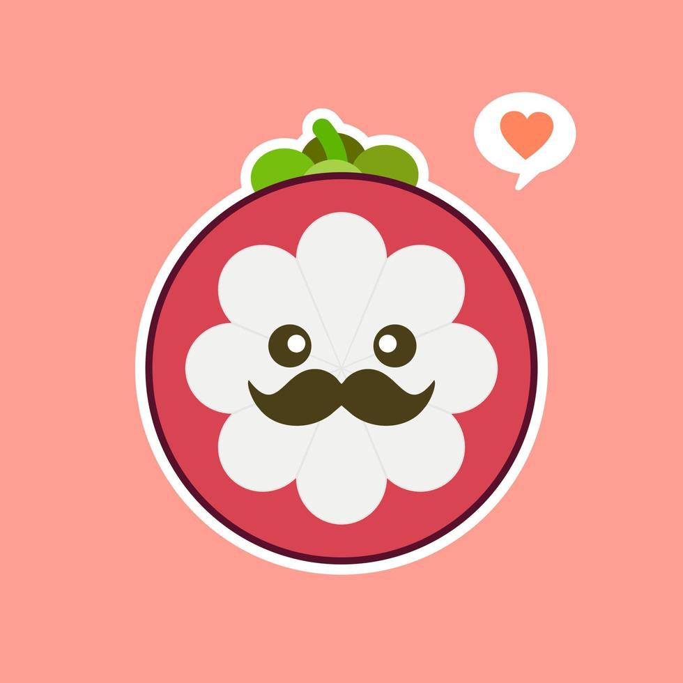 söt och kawaii platt tecknad mangostan illustration. vektor illustration av söt mangostan med ett leende uttryck. söt frukt maskot design