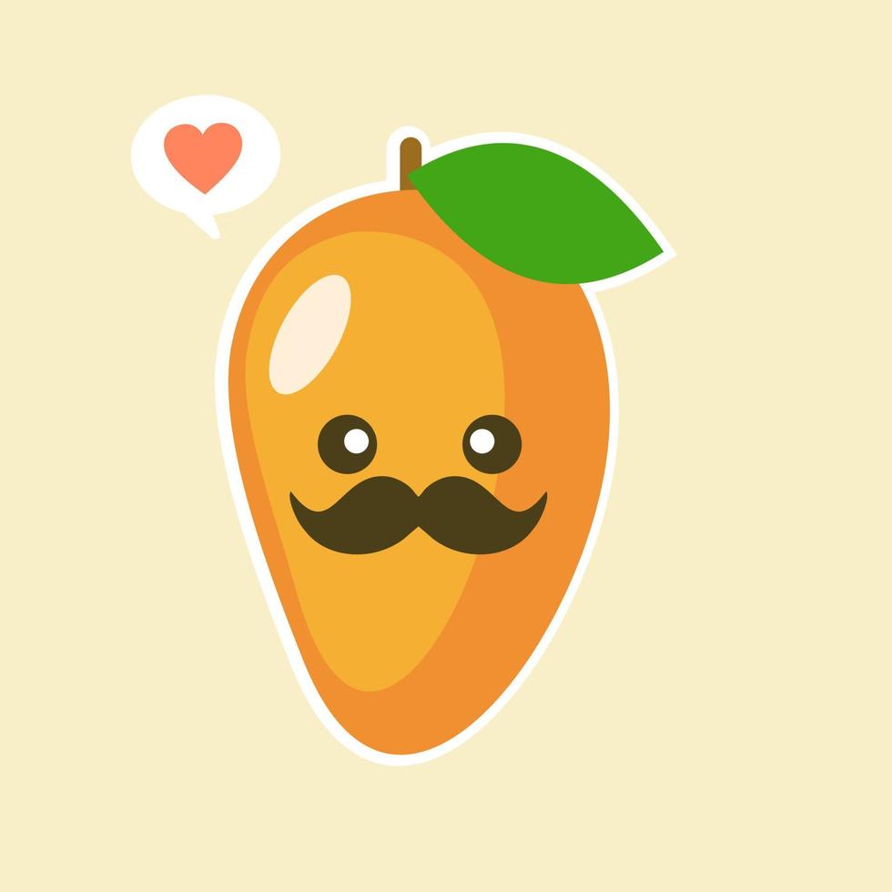 söt och kawaii platt tecknad mango illustration. vektor illustration av söt mango med smilling uttryck. söt mango maskot design