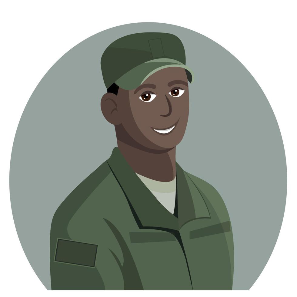 Vektor-Avatar eines dunkelhäutigen Mannes in grüner Uniform, flacher Vektor, isoliert auf weißem Hintergrund vektor