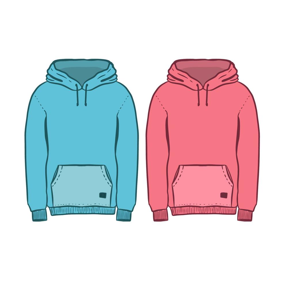 blauer rosa Hoodievektor. Mode-Flachskizze, Modevorlage, Unisex-Hoodie-Design, Hoodie-Mode-Cad. isoliert auf weiß vektor