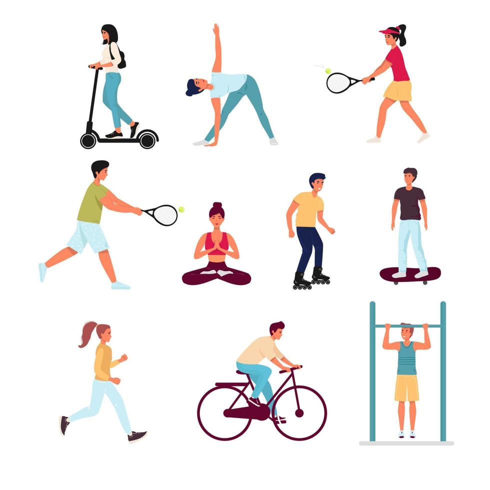 uppsättning alternativ isolerade på vitt. tjej, kille åker skoter, skateboard, gör övningar, springer, cyklar, spelar tennis, drar upp på den horisontella stången. vektor illustration