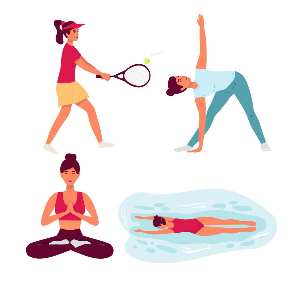 uppsättning isolerade tecken. flickan är engagerad i en aktiv livsstil. en kvinna simmar, spelar tennis, går in för sport, yogaövningar vektor