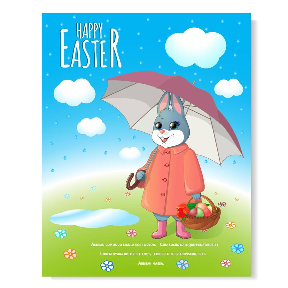 festliches plakat für ostern. Kaninchen in einem rosa Regenmantel mit einem Regenschirm mit einem Korb mit bemalten Eiern. Kuchen mit einer brennenden Kerze. gegen den blauen Himmel und das grüne Gras. Vektor