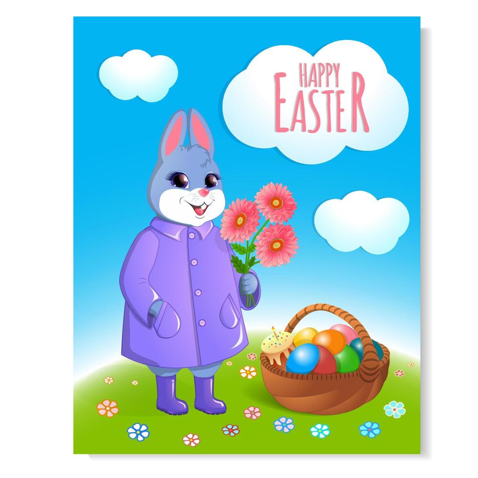 festliches Plakat. Osterhase mit einem Korb mit bemalten Eiern und Tulpen. Kuchen mit einer brennenden Kerze. gegen den blauen Himmel und das grüne Gras. Vektor-Illustration. vektor