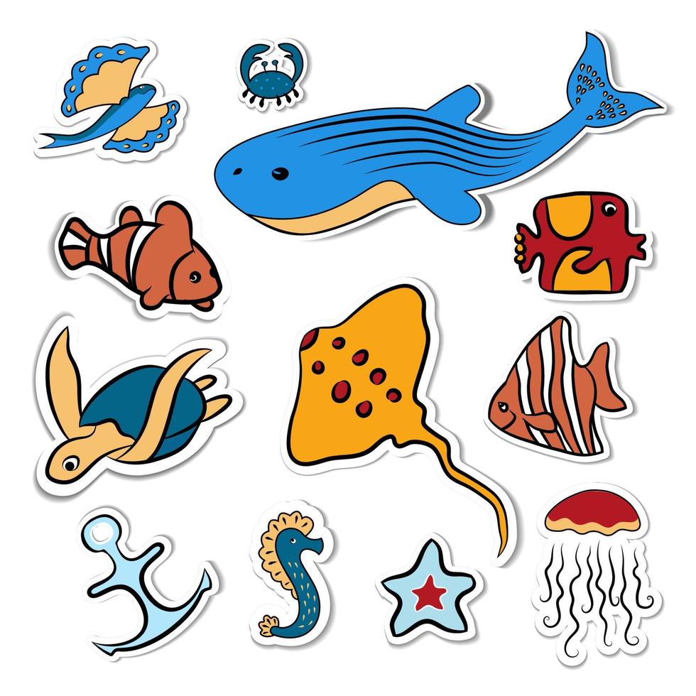 Clip Art. Muscheln, Fische, Tiefseetiere des Meeres und des Ozeans schönes Meerwasseraquarium. isoliert auf weißem Hintergrund. Vektor-Illustration vektor
