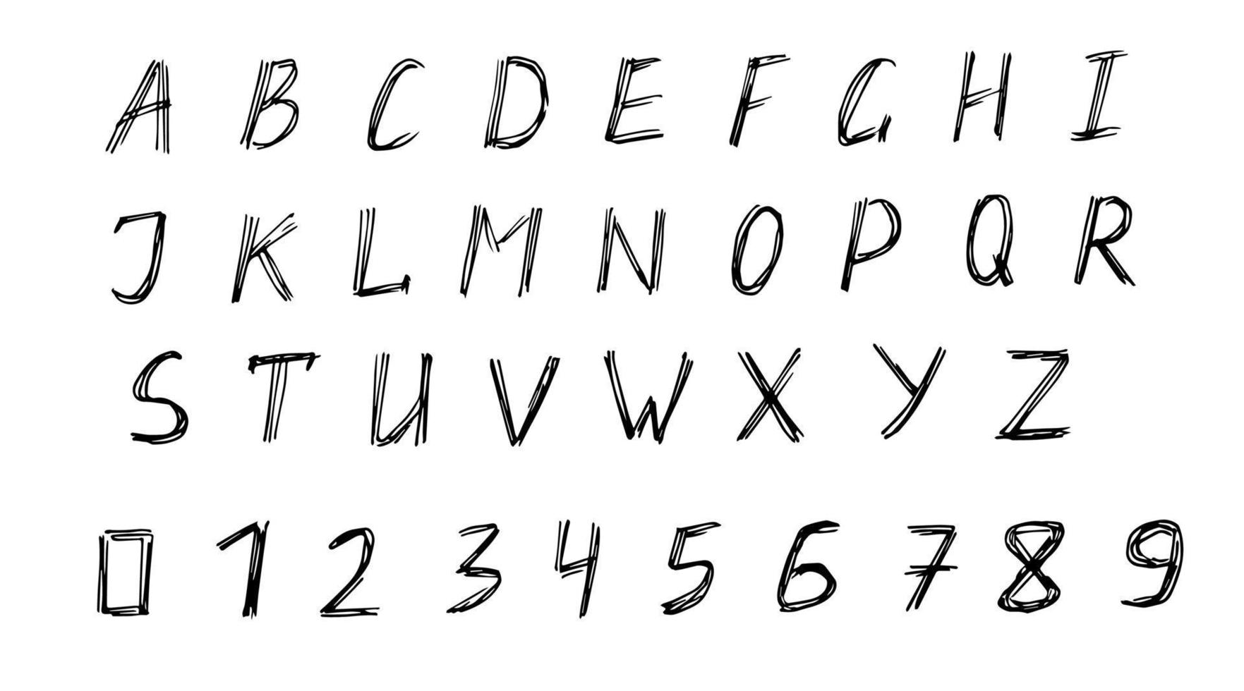 handgeschriebene Großbuchstaben des englischen Alphabets, Zahlen, Latein. Schraffur, Kritzeleien, Tintenskizze. vektorillustration, satz. vektor