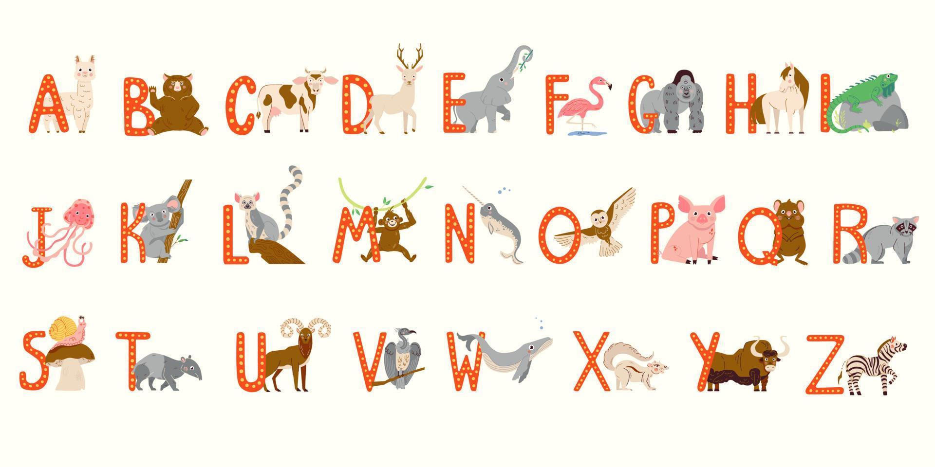 niedliches tieralphabet für die kindererziehung. kindliche vektorschrift für kinder abc buch mit handgezeichneten tierfiguren vektor